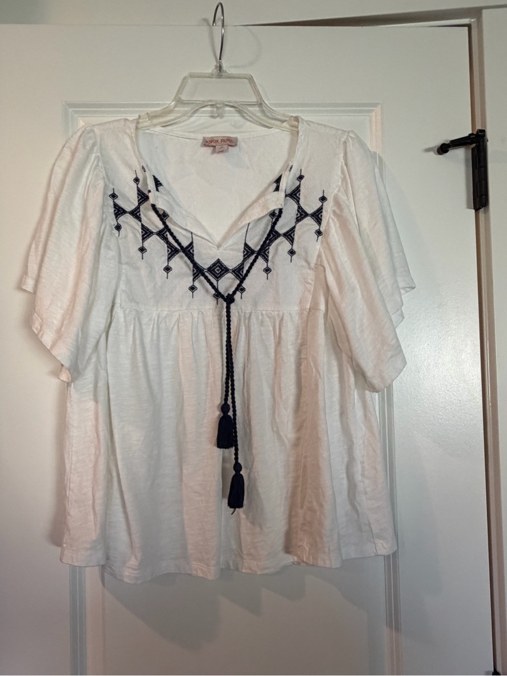 Knox Rose White Tunic with Navy Embroidery and Tassels Size M